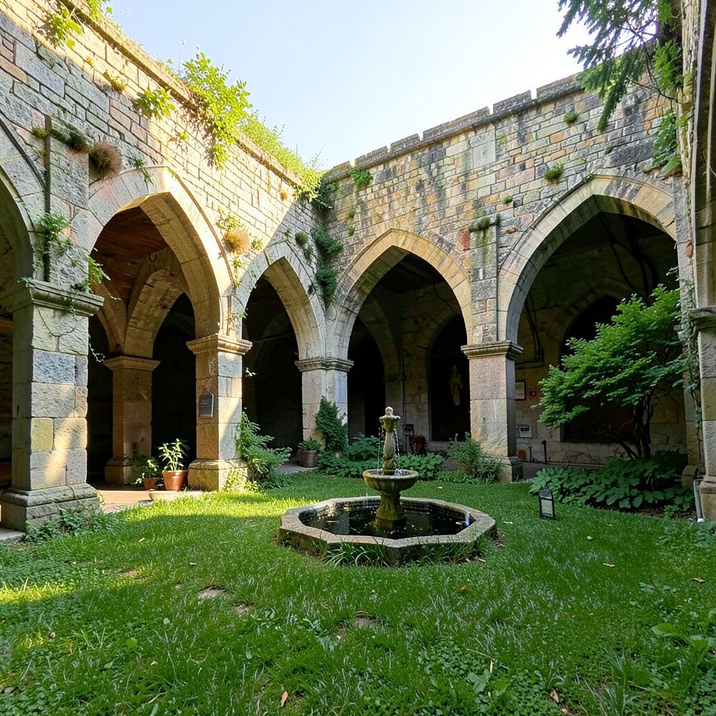 A peaceful medieval cloister garden with stone arches, green courtyard and small fountain, morning light, no people, no visible text, no logos, no watermark, aspect ratio 4:3