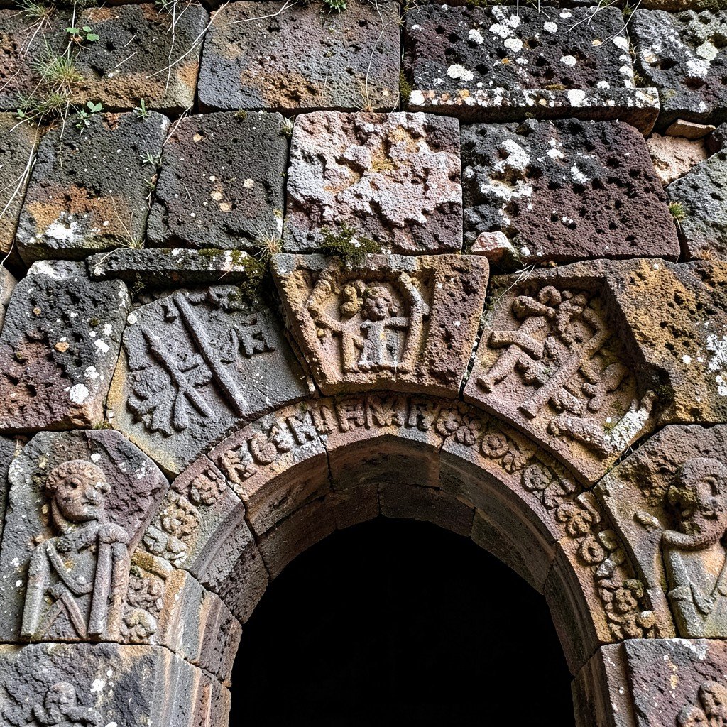 Close-up of ancient Armenian monastery stone carvings and arches, weathered volcanic stone details, clear texture, no visible text, no logos, no watermark, aspect ratio 4:3