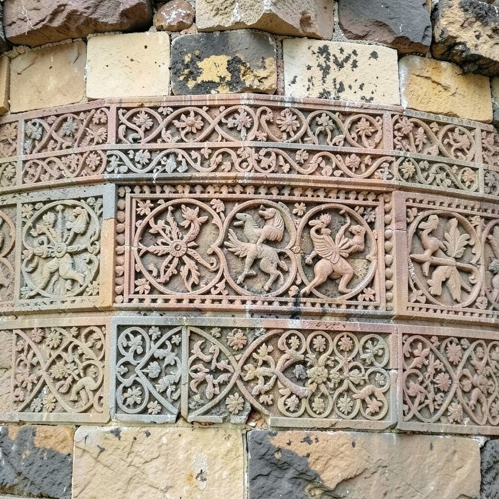 Detailed relief carvings on medieval Armenian monastery wall, intricate patterns, historic stone texture, no visible text, no logos, no watermark, aspect ratio 4:3