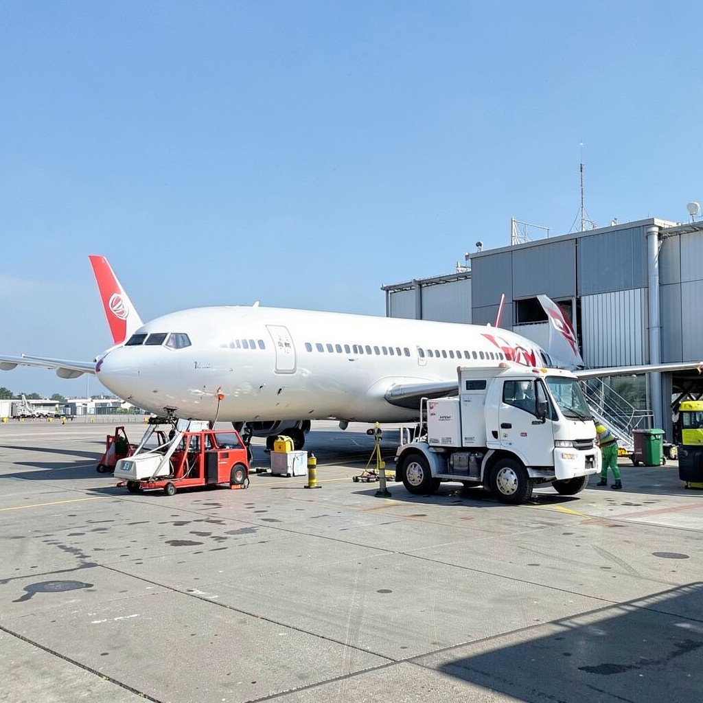 A passenger airplane parked at an airport gate with a fuel service vehicle nearby, ground crew equipment around, clear daylight, photorealistic style, no visible text, no logos, no watermark, aspect ratio 1:1