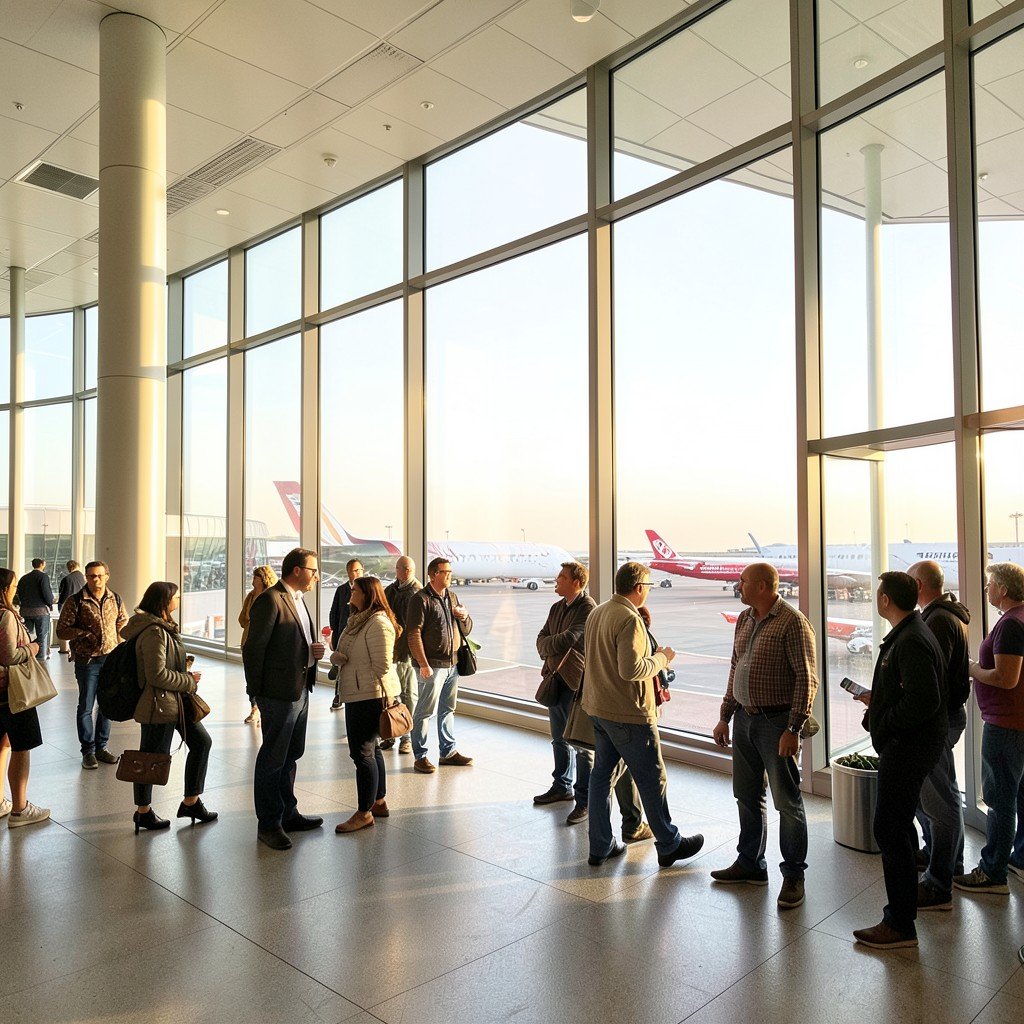 Travelers waiting in a bright modern airport terminal near large windows overlooking parked airplanes, warm natural light, photorealistic style, no visible text, no logos, no watermark, aspect ratio 1:1