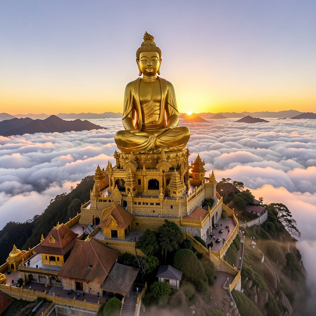 Golden summit temple of Mount Emei with a large golden Bodhisattva statue above a sea of clouds at sunrise, no visible text, no logos, no watermark, aspect ratio 1:1