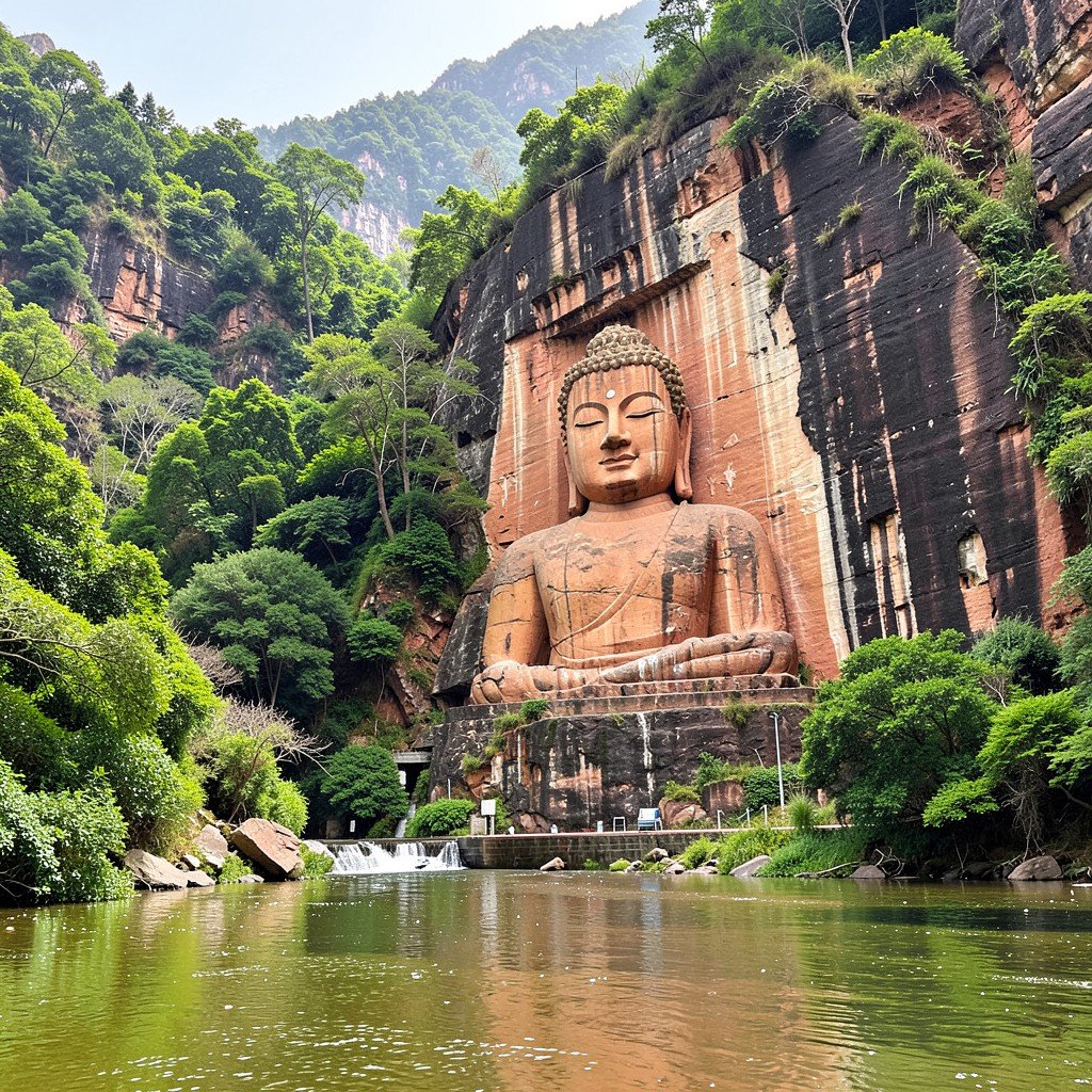 The giant Leshan Buddha carved into a red sandstone cliff at the confluence of rivers in Sichuan China, lush greenery around, no visible text, no logos, no watermark, aspect ratio 4:3