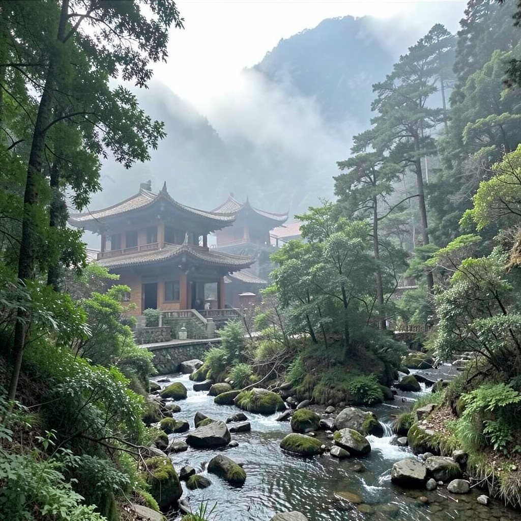 A traditional Chinese Buddhist temple surrounded by misty forest and a mountain stream on the slopes of Mount Emei, no visible text, no logos, no watermark, aspect ratio 1:1