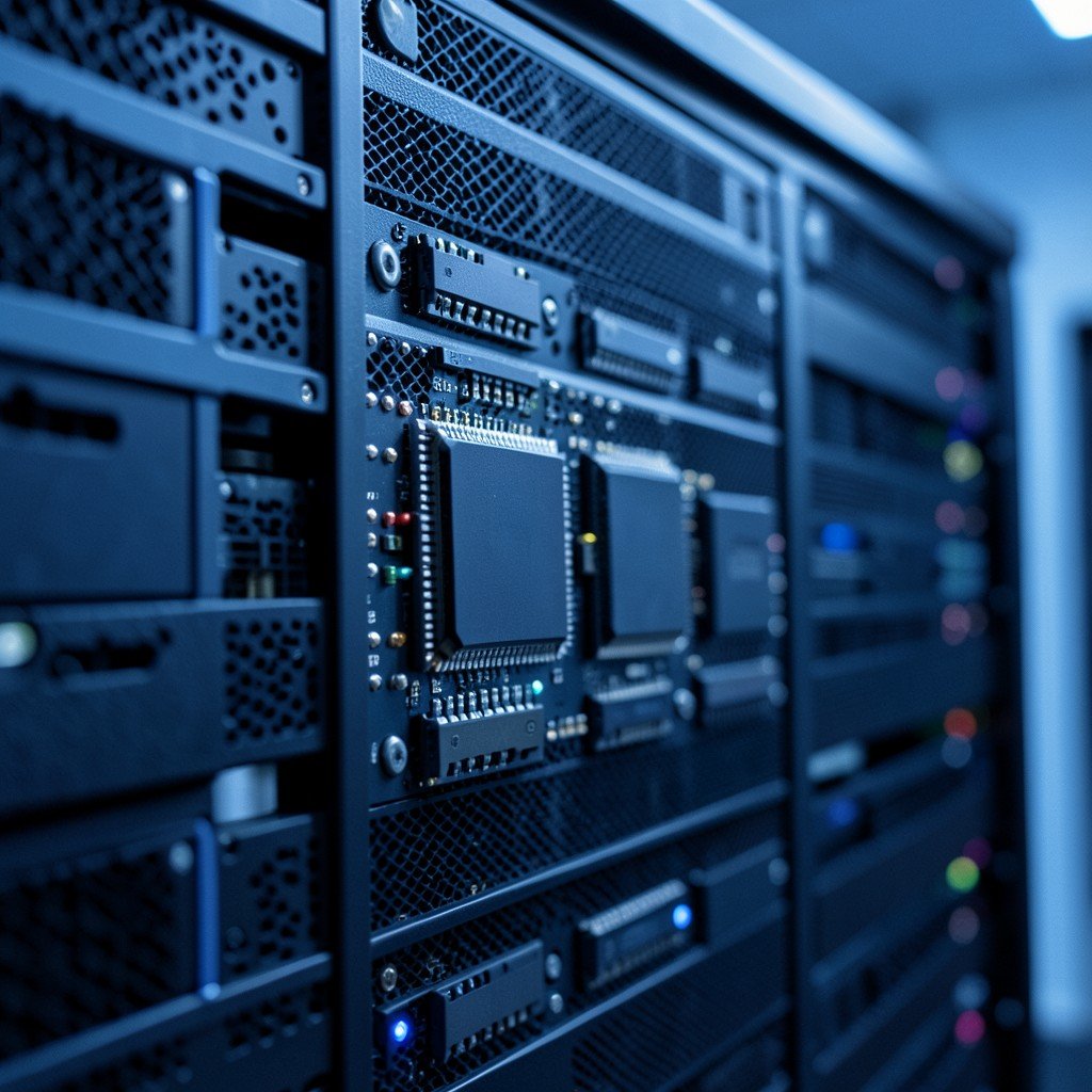 Close-up of high-tech memory chips installed on server hardware inside a modern data center with soft blue lighting, no visible text, no logos, no watermark, aspect ratio 1:1