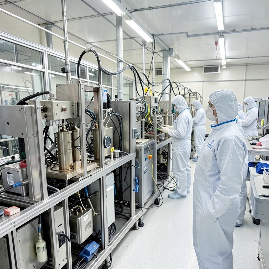 Interior of a semiconductor fabrication cleanroom with advanced machinery and engineers in protective suits working in the background, no visible text, no logos, no watermark, aspect ratio 4:3