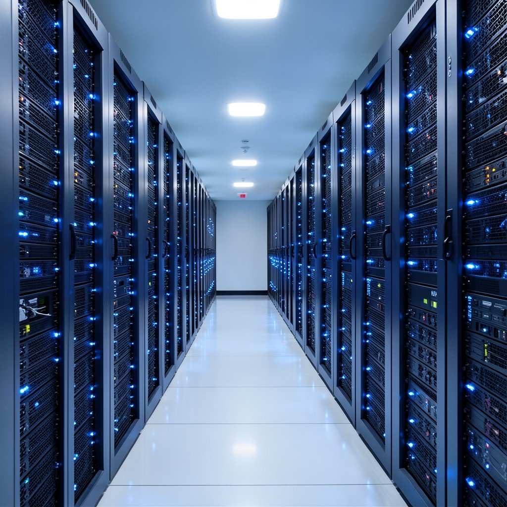 A long corridor of AI data center server racks glowing with blue lights, futuristic and clean atmosphere, no visible text, no logos, no watermark, aspect ratio 1:1