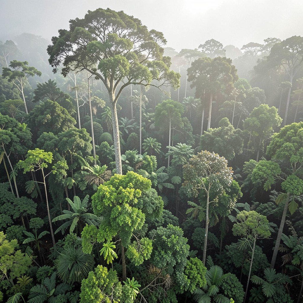 Dense tropical rainforest canopy in Ituri forest Congo, misty morning atmosphere, tall emergent trees and thick vegetation, aerial view, no visible text, no logos, no watermark, aspect ratio 4:3