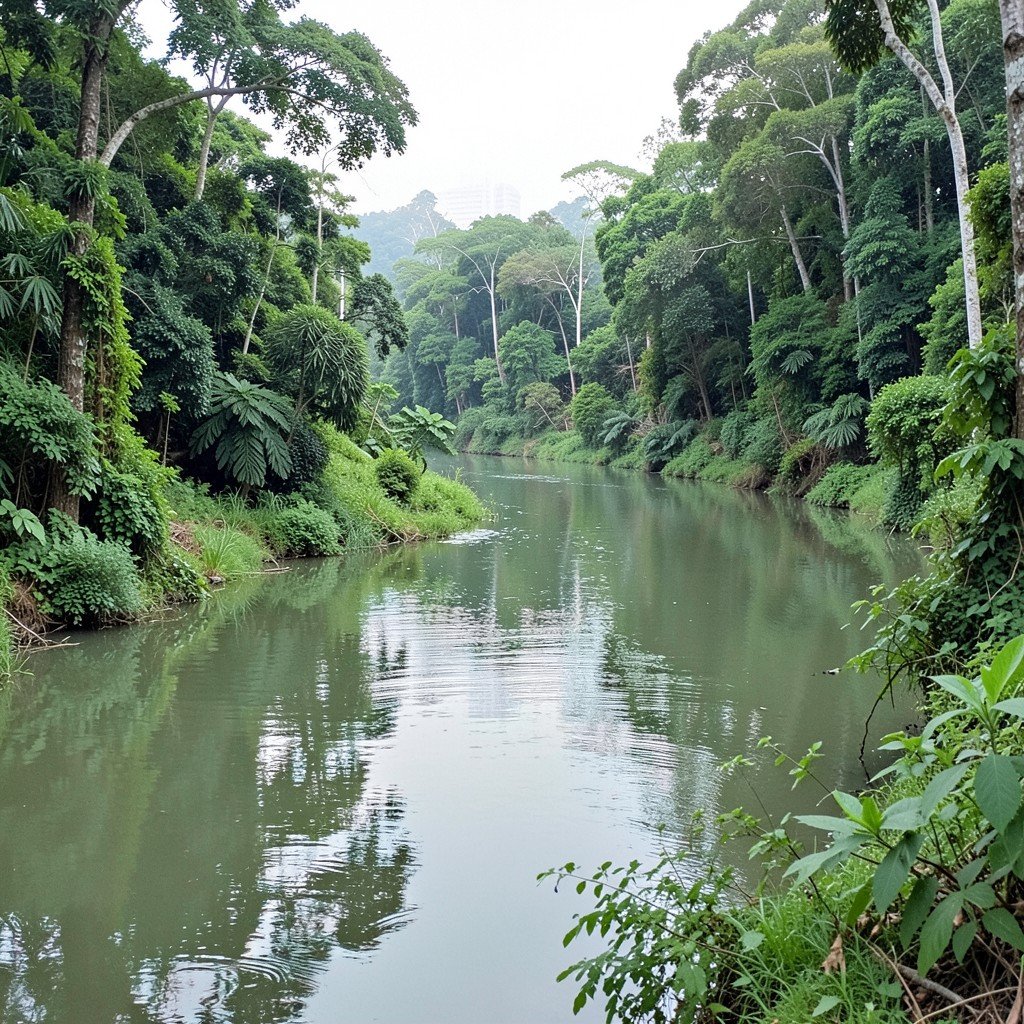 A calm river winding through dense Congo rainforest, lush green vegetation on riverbanks, soft natural light, serene wilderness scene, no visible text, no logos, no watermark, aspect ratio 4:3