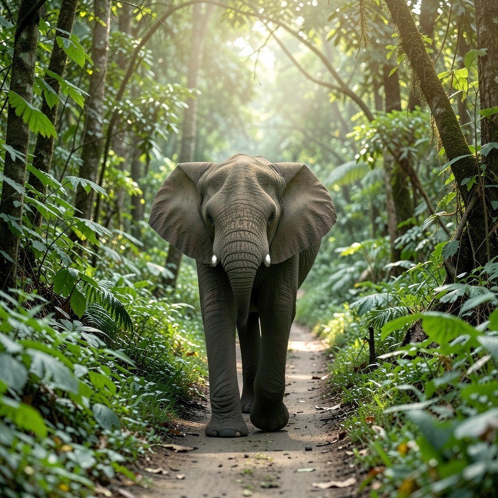 A forest elephant walking along a path in dense African rainforest, soft light filtering through canopy, wildlife documentary style, no visible text, no logos, no watermark, aspect ratio 1:1