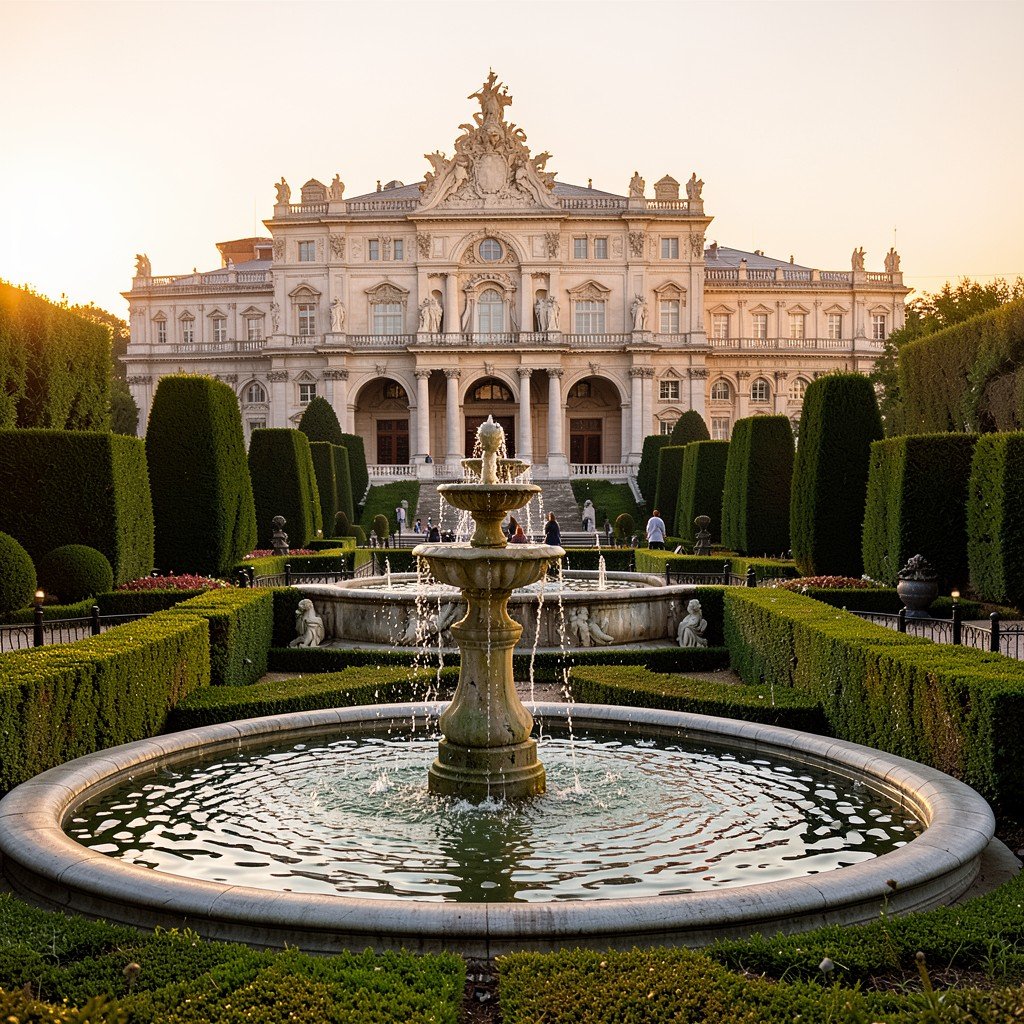 Formal baroque garden with fountain symmetrical hedges and palace in background at golden hour, no visible text, no logos, no watermark, aspect ratio 4:3