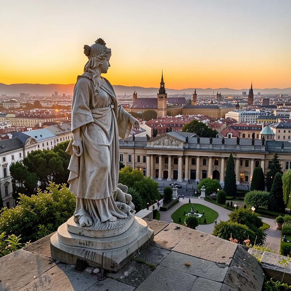 Gloriette monument on hill overlooking palace gardens and Vienna cityscape at sunset, no visible text, no logos, no watermark, aspect ratio 4:3