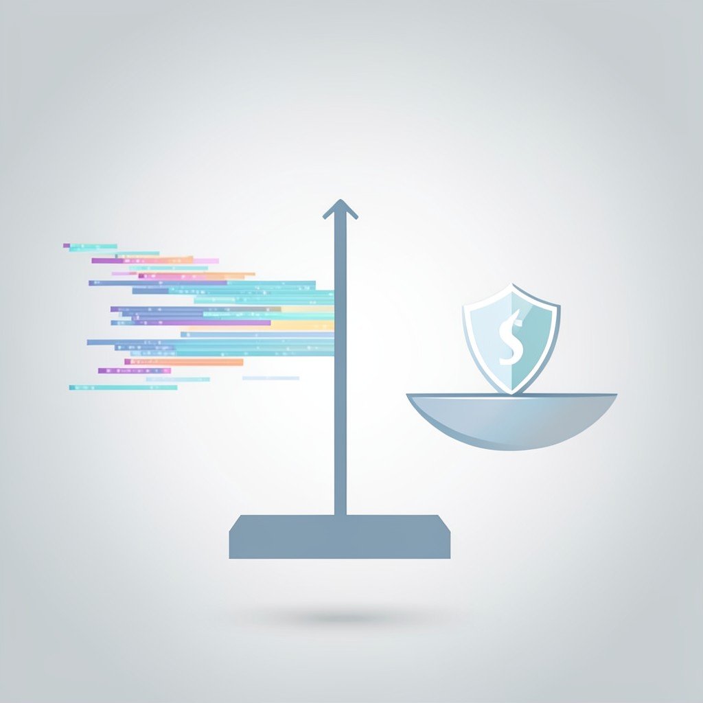 A balanced scale concept with abstract digital data streams on one side and a shield symbol on the other, minimal clean design, soft gradient background, no visible text, no logos, no watermark, aspect ratio 1:1