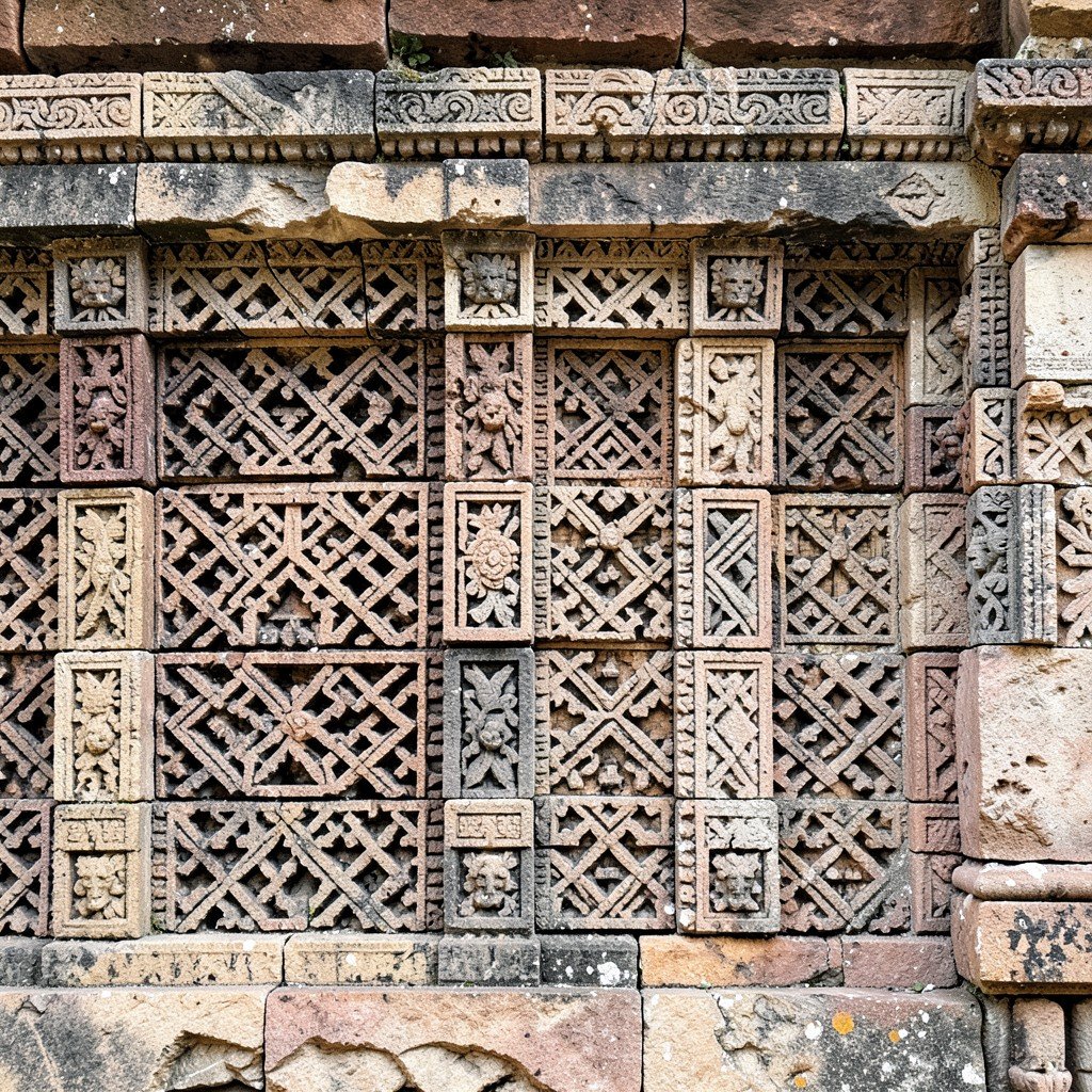 Close view of ornate Puuc style stone mosaic facade with geometric lattice patterns on an ancient Maya building, detailed limestone carvings, no visible text, no logos, no watermark, aspect ratio 1:1