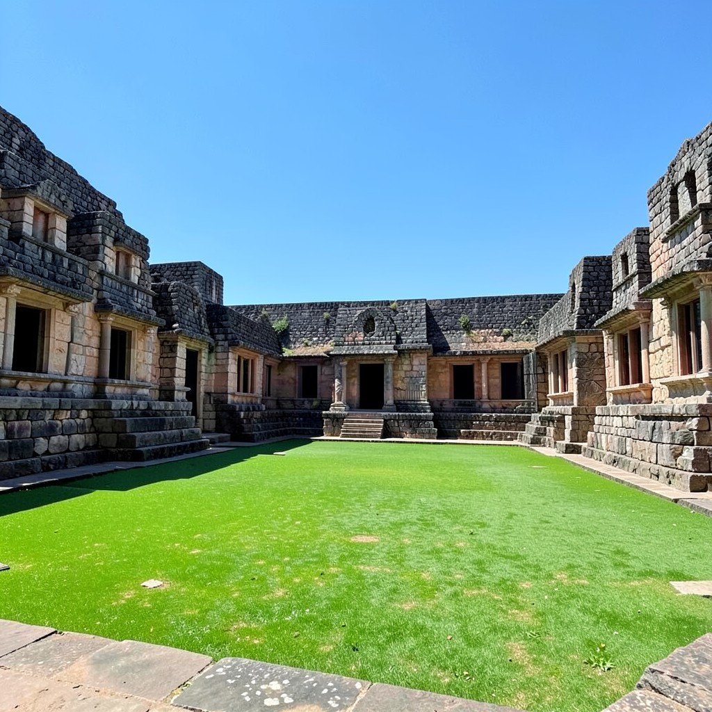 Wide courtyard of the Nunnery Quadrangle at Uxmal with ancient stone buildings surrounding a green plaza, blue sky, no visible text, no logos, no watermark, aspect ratio 4:3