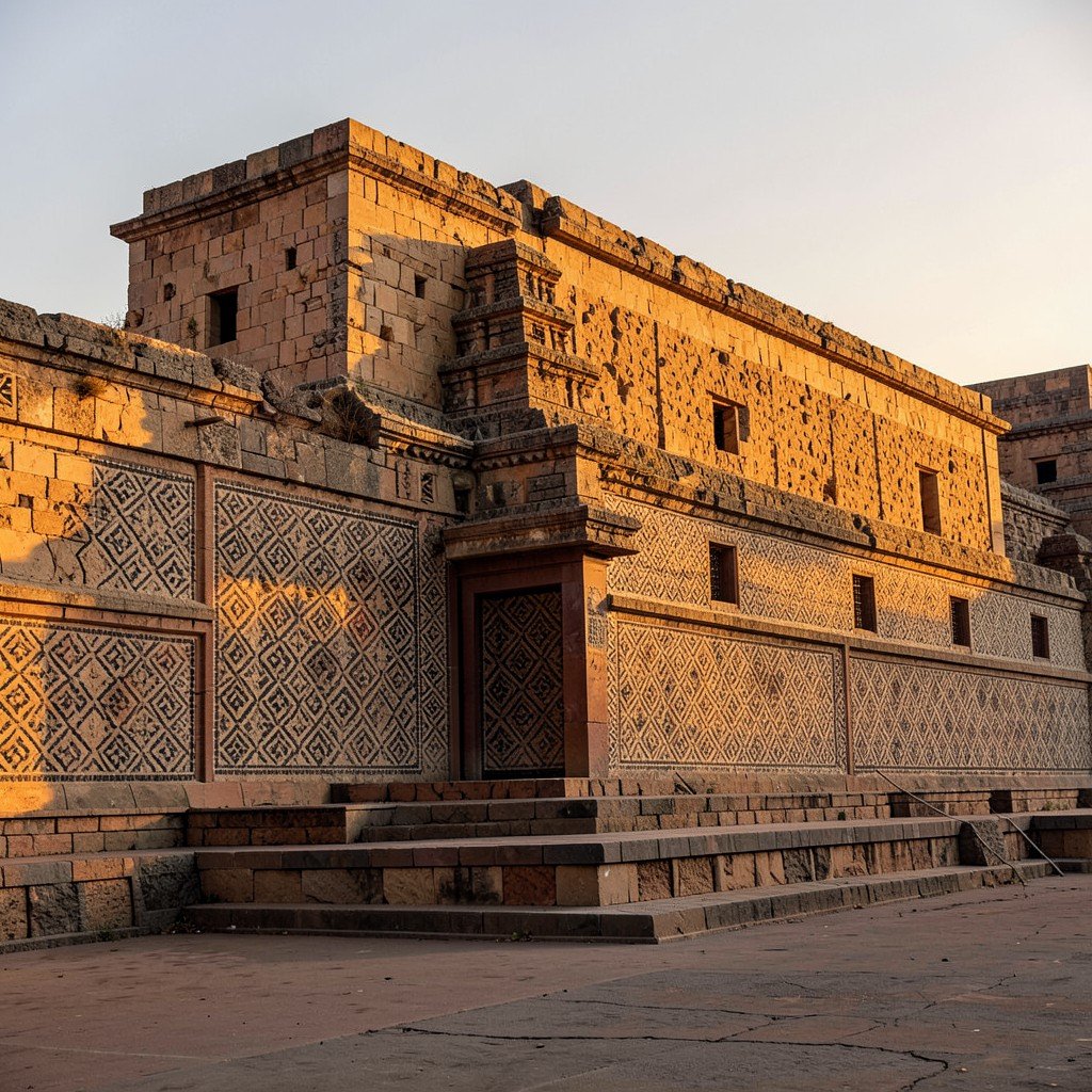 Long facade of the Governor Palace at Uxmal with repeating geometric stone mosaic patterns under golden sunset light, no visible text, no logos, no watermark, aspect ratio 1:1