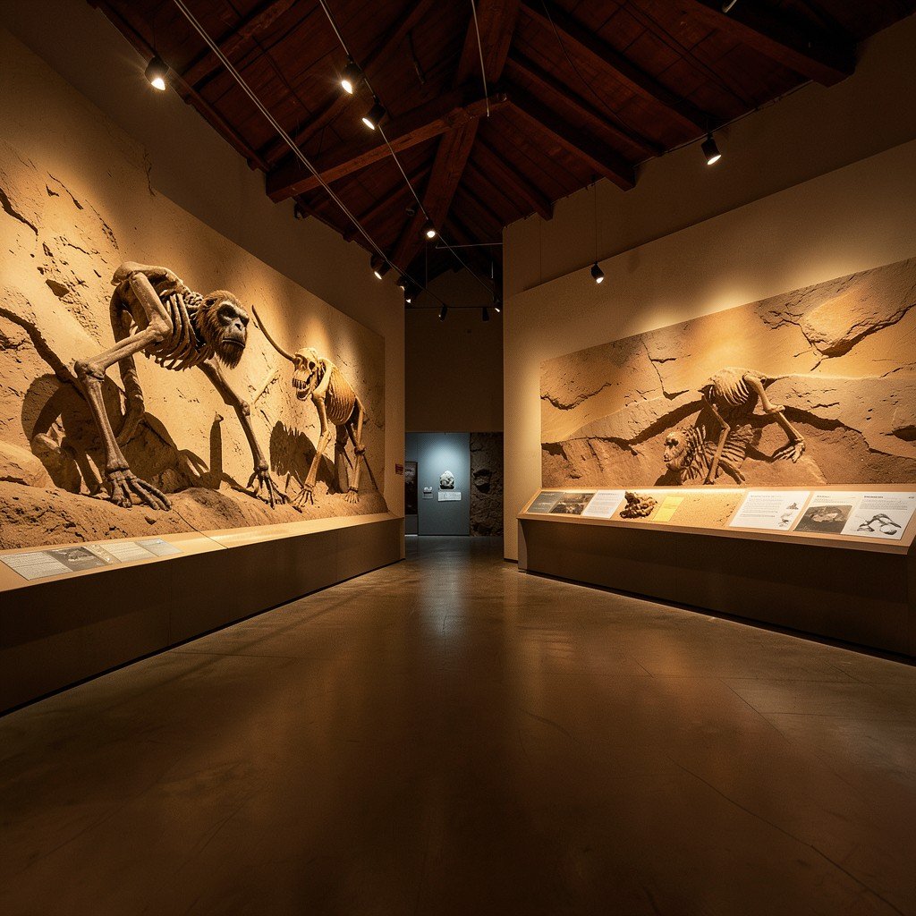 A museum exhibition hall in Indonesia displaying ancient hominid fossils and geological strata replicas, warm lighting, educational archaeological display, no visible text, no logos, no watermark, aspect ratio 4:3