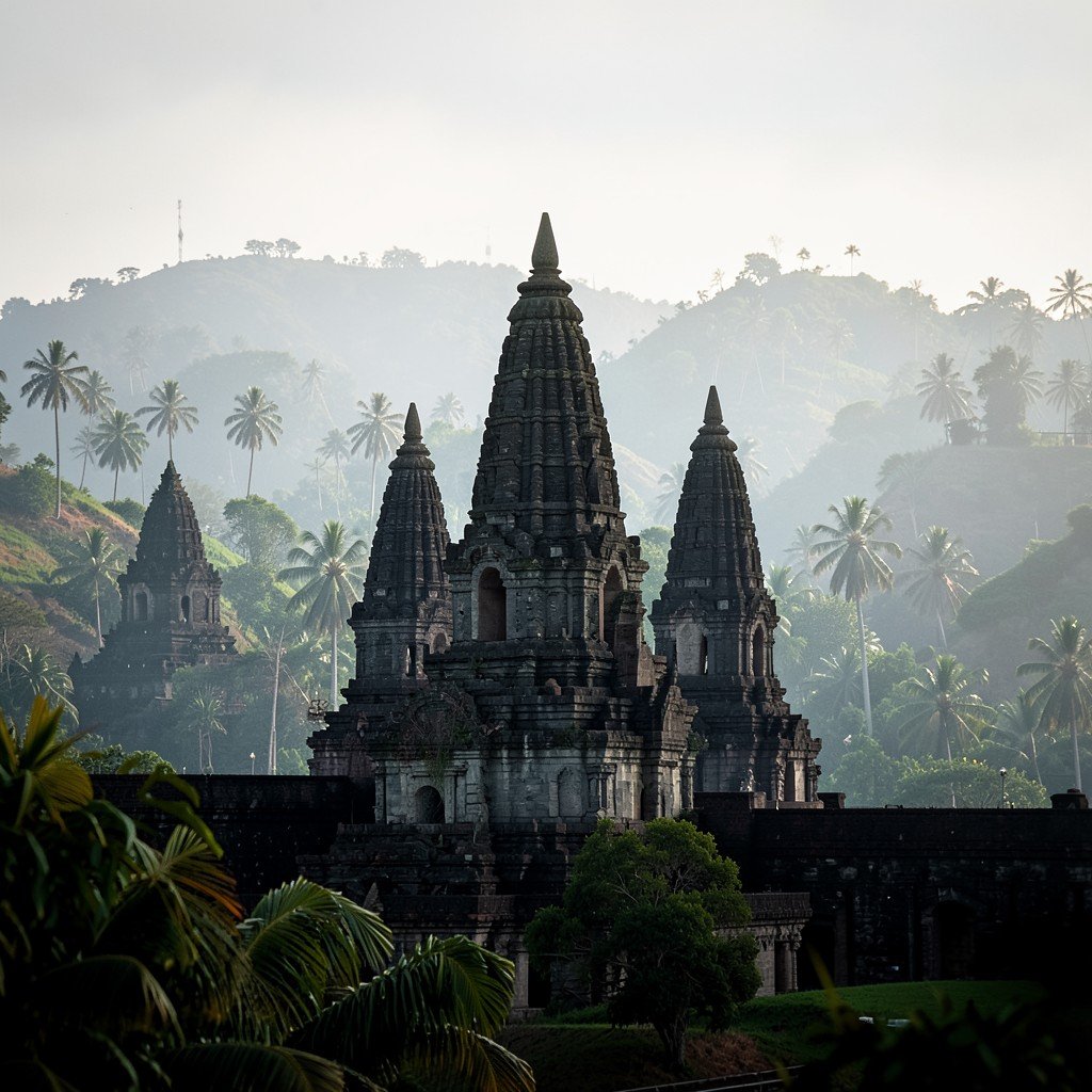 A scenic Indonesian landscape combining ancient stone temple silhouettes and tropical hills, cultural heritage travel mood, no visible text, no logos, no watermark, aspect ratio 4:3