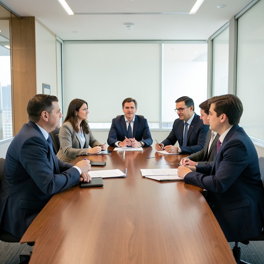 A formal meeting between business and government representatives in a modern boardroom, no visible text, no logos, no watermark, aspect ratio 4:3