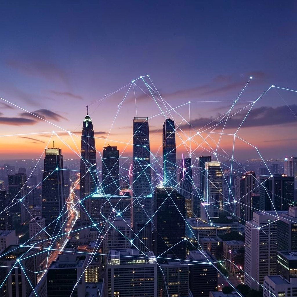 A futuristic city skyline connected by abstract digital network lines at dusk, no visible text, no logos, no watermark, aspect ratio 1:1