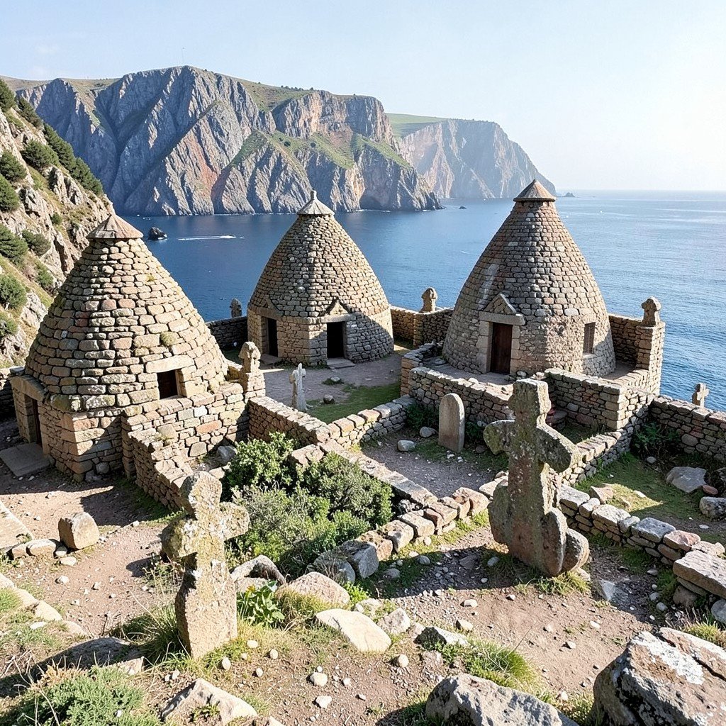 Ancient dry stone monastic buildings on a rugged island, beehive-shaped huts and stone crosses, Atlantic ocean and cliffs in the background, archaeological site, natural daylight, no visible text, no logos, no watermark, aspect ratio 1:1