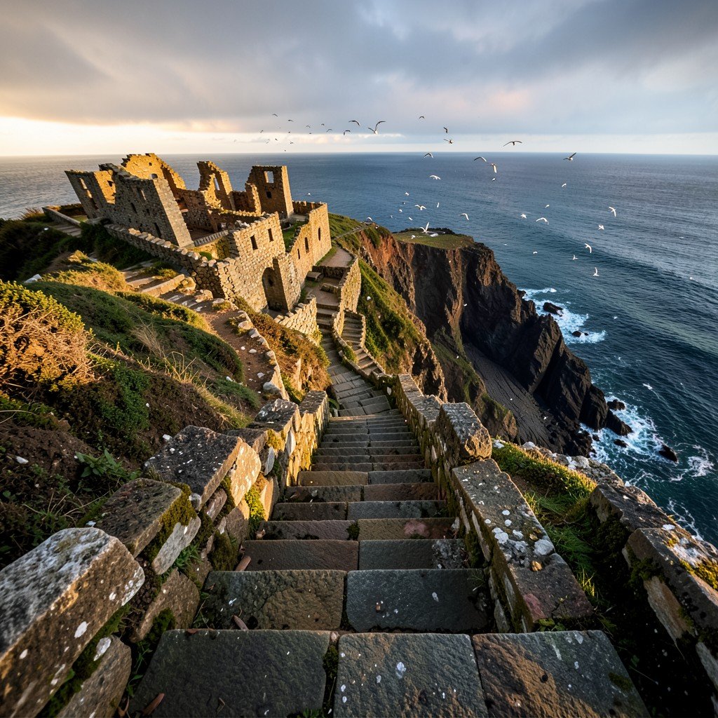 Steep stone steps leading up a rugged Atlantic island cliff toward ancient monastic ruins, wild ocean below, seabirds in the distance, dramatic natural light, no visible text, no logos, no watermark, aspect ratio 1:1