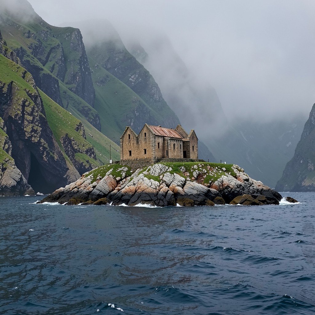 A remote early Christian monastery ruin perched on a rocky island in the Atlantic, surrounded by steep cliffs and ocean mist, conservation landscape, no visible text, no logos, no watermark, aspect ratio 1:1
