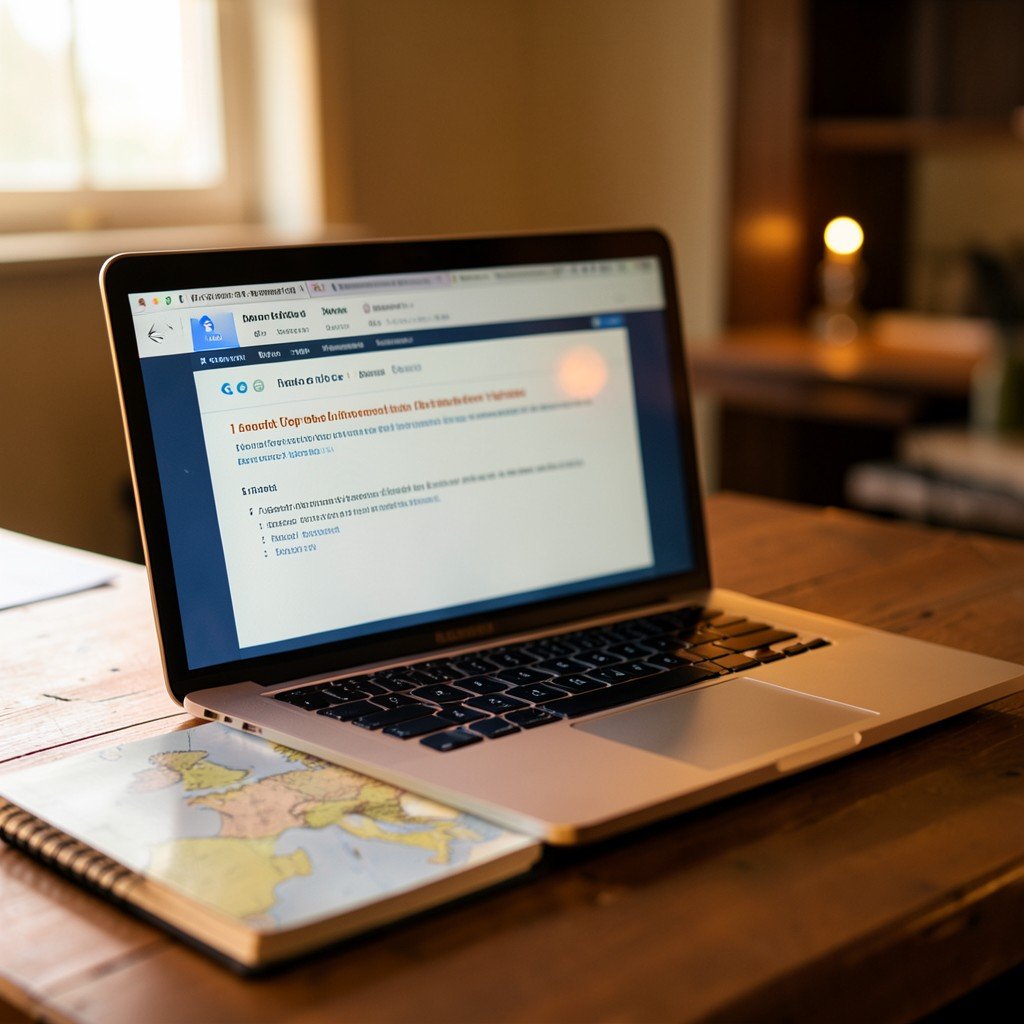 A laptop showing a job listing next to a notebook and a map of Europe, warm office lighting, no visible text, no logos, no watermark, aspect ratio 4:3