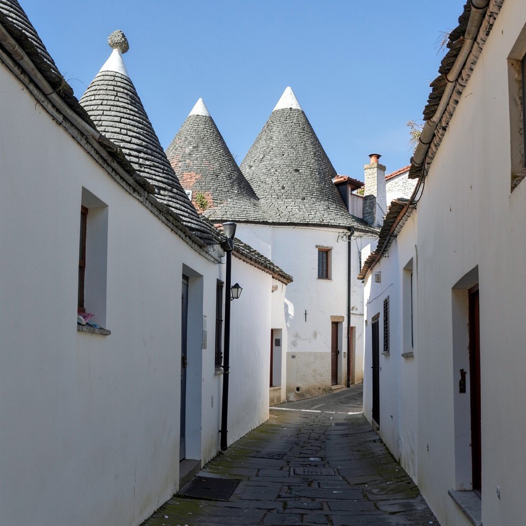 A sunlit view of whitewashed trulli houses with conical grey stone roofs in Alberobello, Puglia, Italy, narrow lane, no visible text, no logos, no watermark, aspect ratio 1:1