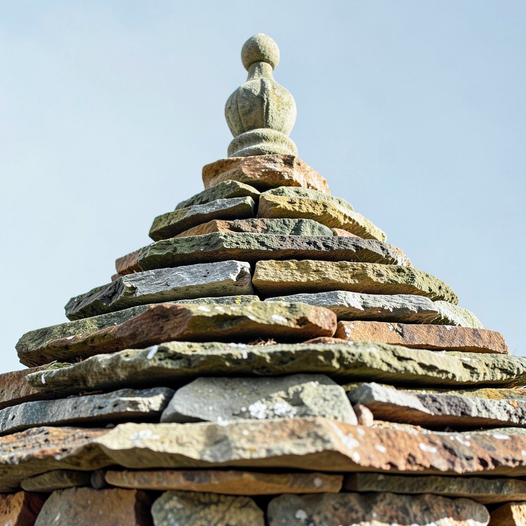 Close-up of a traditional trullo roof made of layered limestone slabs with a decorative pinnacle, dry stone construction, no visible text, no logos, no watermark, aspect ratio 1:1