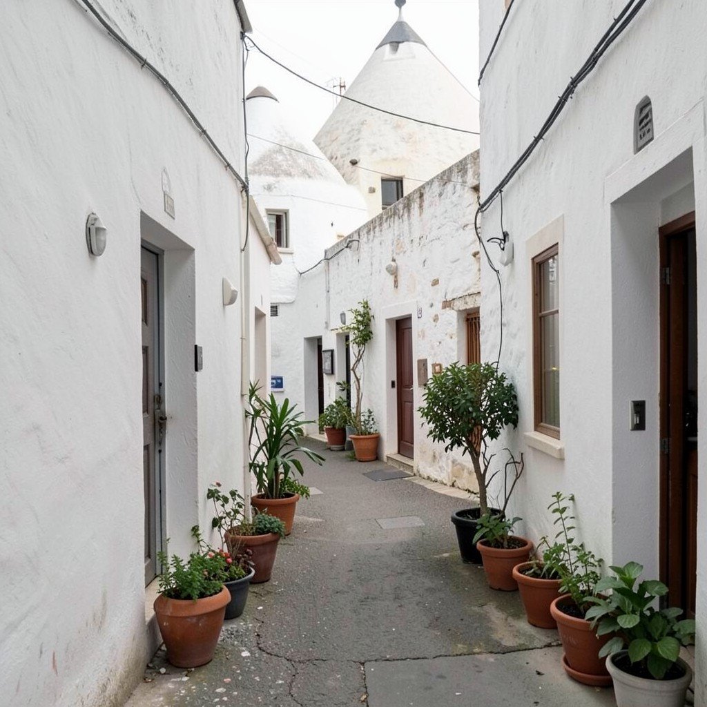 A quiet alley in Aia Piccola district of Alberobello with small white trulli houses and potted plants, no visible text, no logos, no watermark, aspect ratio 1:1