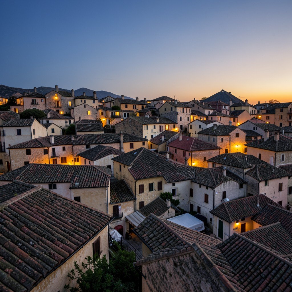 Wide view of Alberobello old town at dusk with clusters of trulli roofs and warm lights, no visible text, no logos, no watermark, aspect ratio 1:1