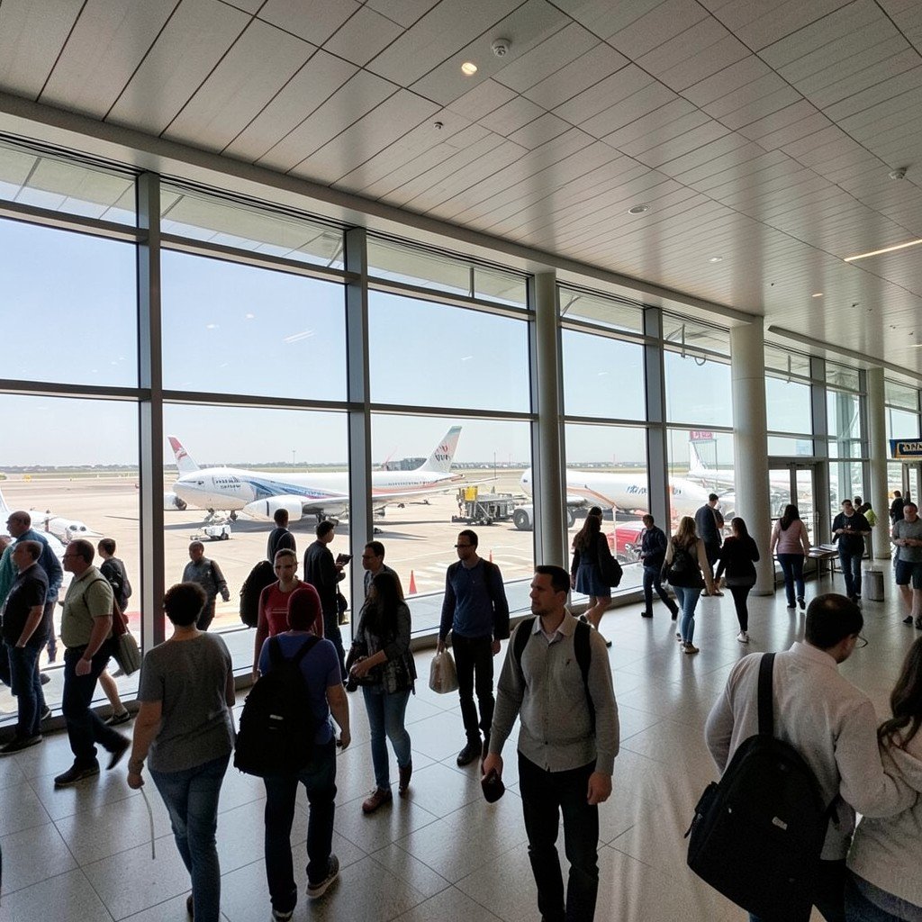 Busy airport terminal interior with travelers walking near large windows overlooking parked airplanes, natural daylight, candid editorial style, no visible text, no logos, no watermark, aspect ratio 1:1