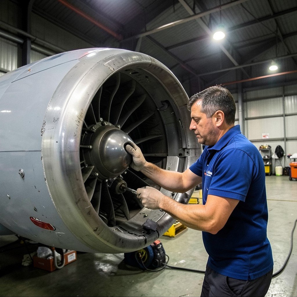Aircraft maintenance technician inspecting a jet engine under hangar lights, focused industrial scene, no visible text, no logos, no watermark, aspect ratio 1:1