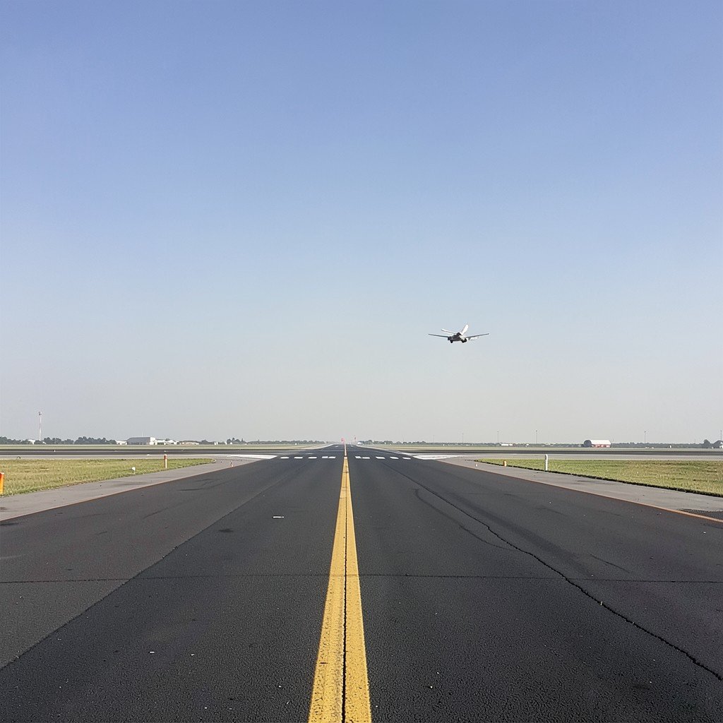 Wide view of an airport runway and a clear sky with a distant airplane taking off, calm editorial travel scene, no visible text, no logos, no watermark, aspect ratio 1:1