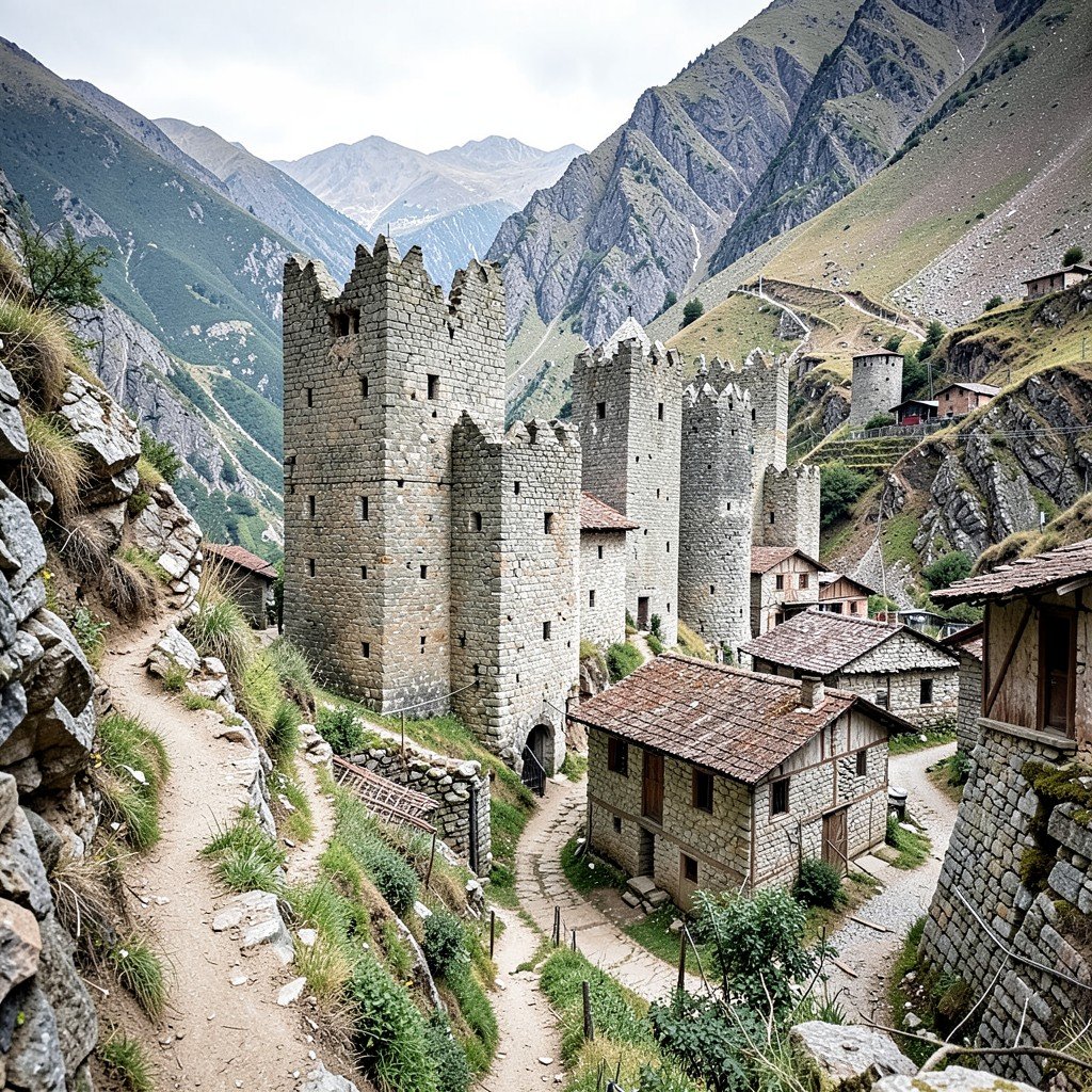 A cluster of medieval stone defensive towers in a mountain village of Svaneti, Georgia, narrow paths and traditional stone houses, rugged landscape, no visible text, no logos, no watermark, aspect ratio 4:3