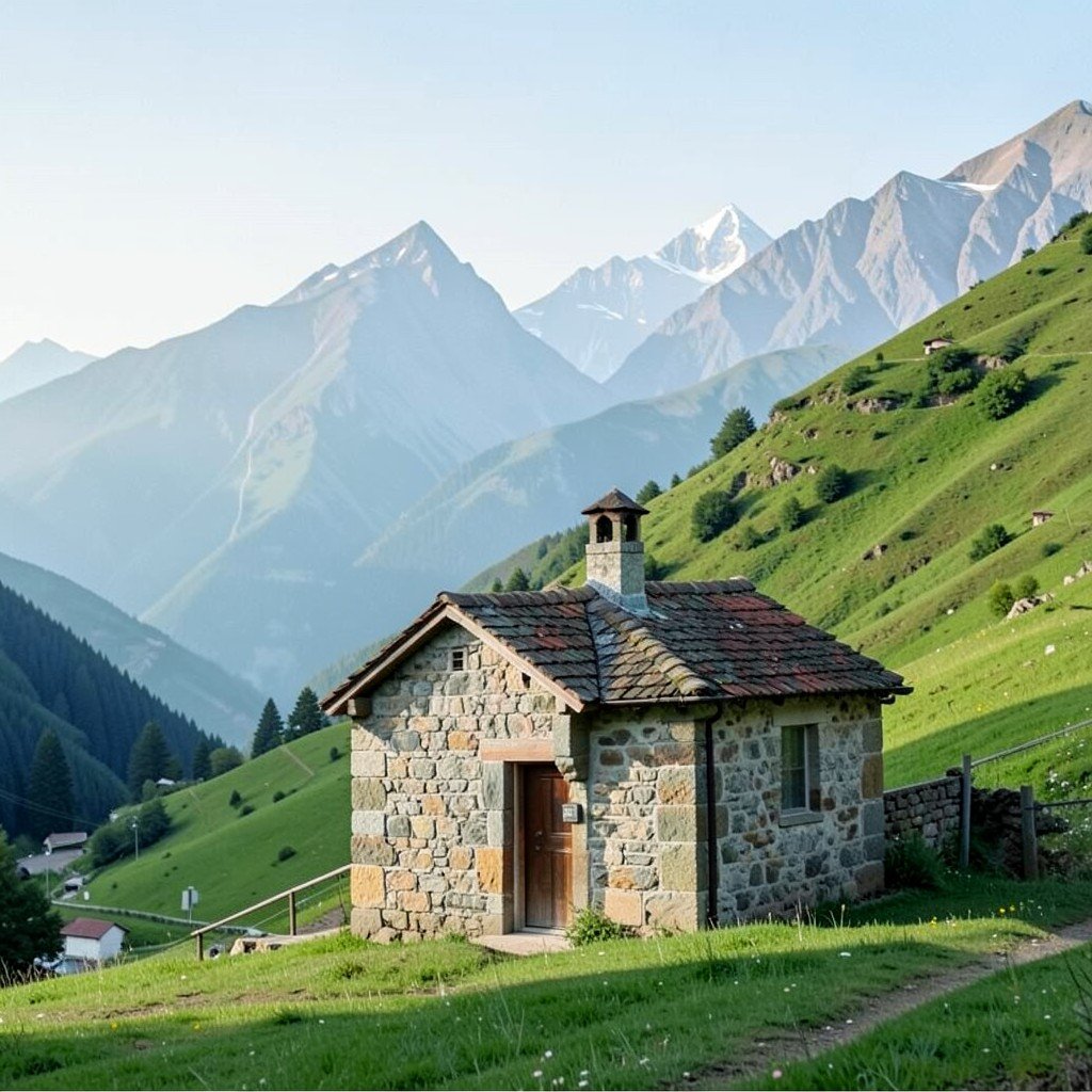 A small stone church near a mountain village in Upper Svaneti, Georgia, with green slopes and distant Caucasus peaks, peaceful natural light, no visible text, no logos, no watermark, aspect ratio 1:1