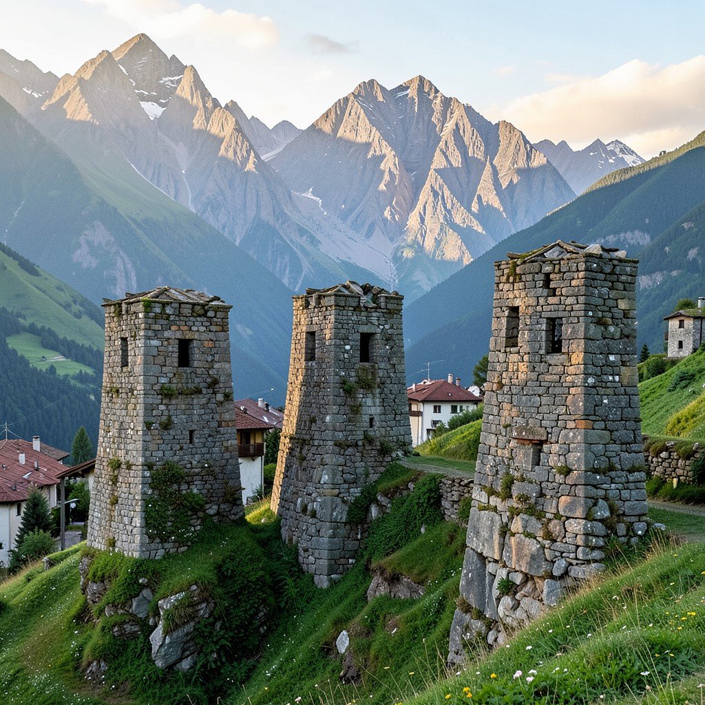 Ancient stone towers of Ushguli village in Upper Svaneti, Georgia, with green mountain slopes and dramatic Caucasus peaks in the background, soft afternoon light, no visible text, no logos, no watermark, aspect ratio 4:3