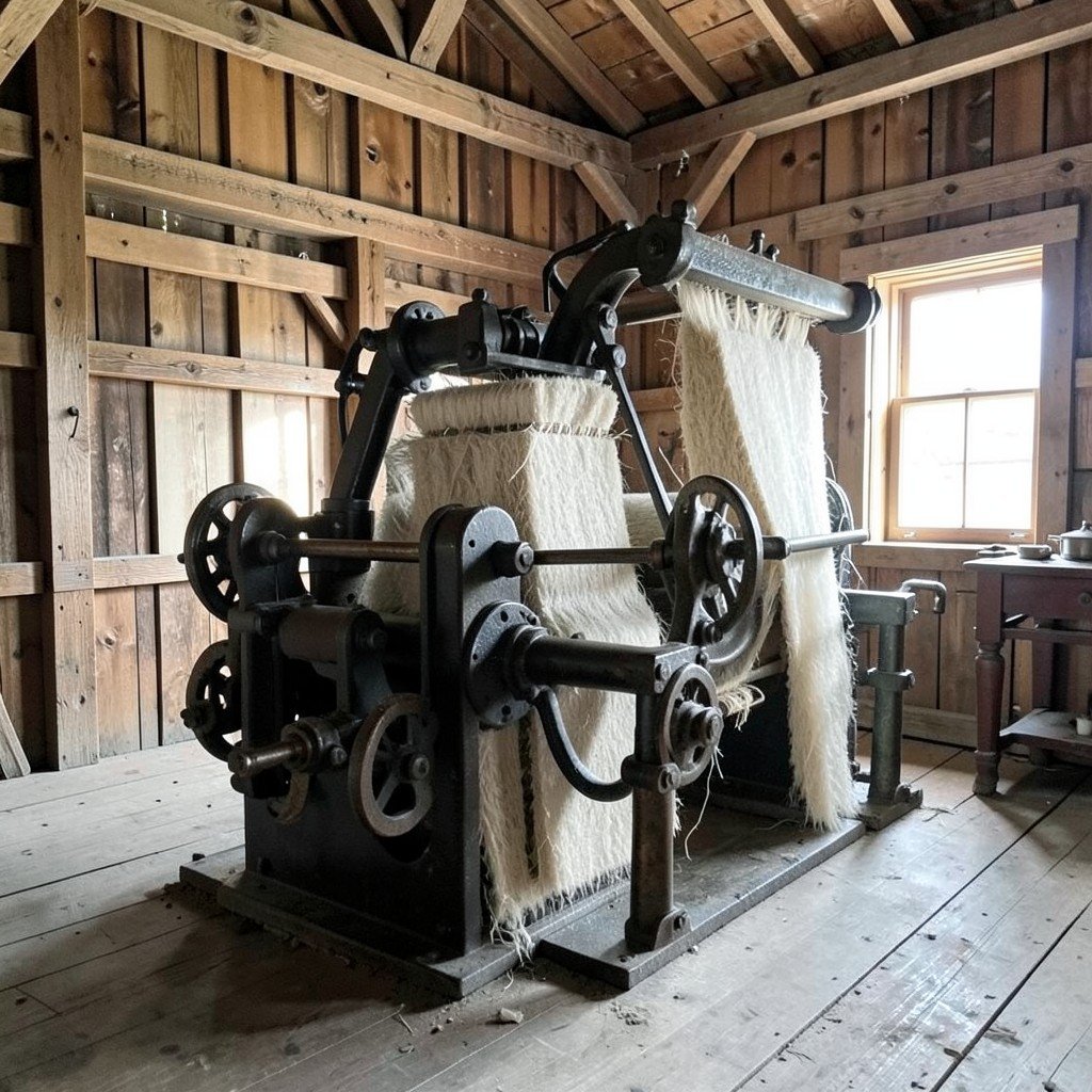 Vintage mechanical groundwood pulp processing machinery inside a preserved 19th century mill, wooden interior, soft natural light, no visible text, no logos, no watermark, aspect ratio 4:3