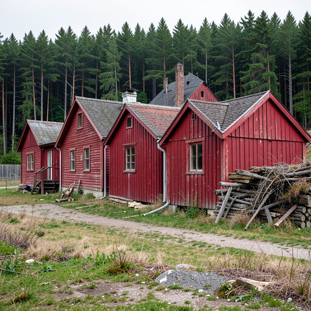 A row of historic red painted wooden worker houses near an old mill village in Finland, forest background, calm daylight, no visible text, no logos, no watermark, aspect ratio 1:1