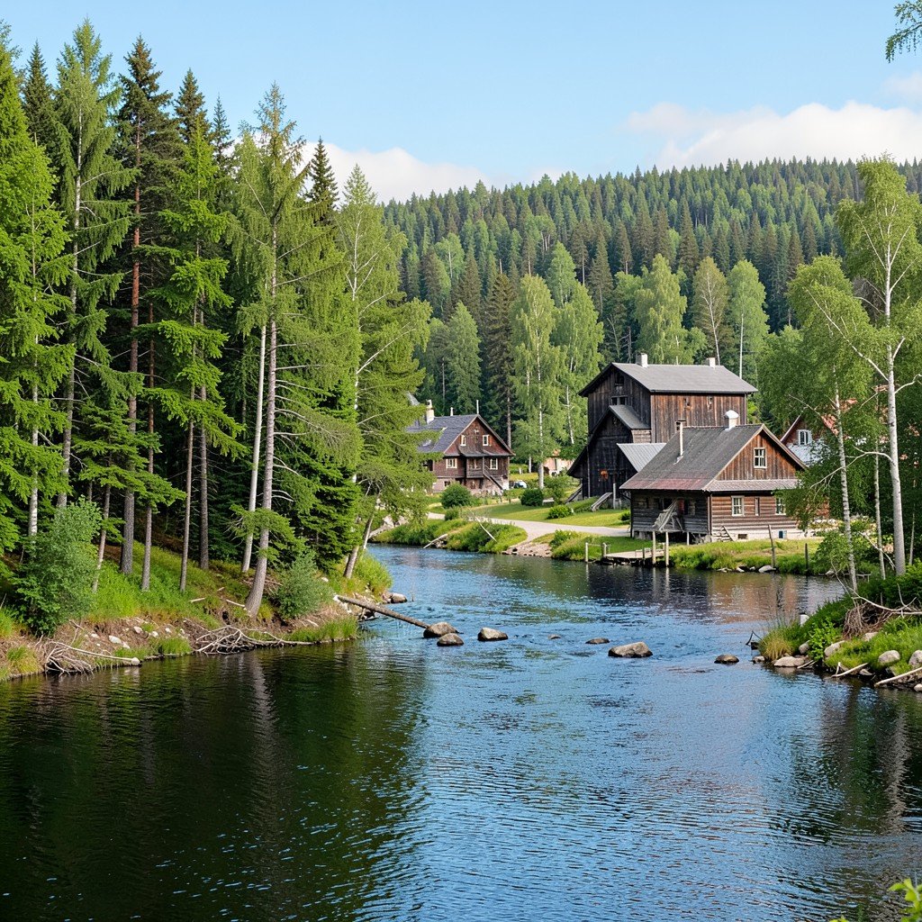 A serene forest and river landscape surrounding a historic mill village in Finland, wooden buildings in the distance, no visible text, no logos, no watermark, aspect ratio 4:3