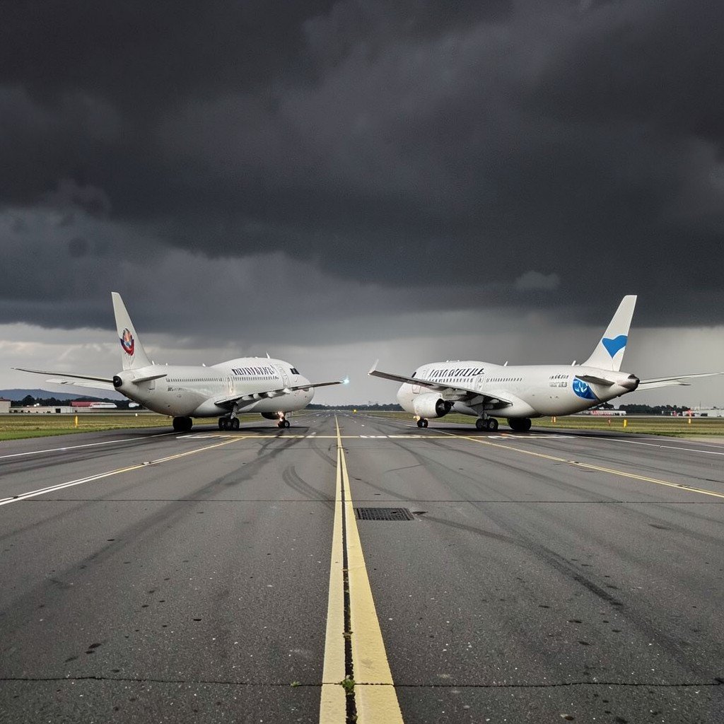 Two large commercial jetliners facing each other on parallel taxiways at an airport, dramatic but neutral sky, no visible text, no logos, no watermark, aspect ratio 1:1