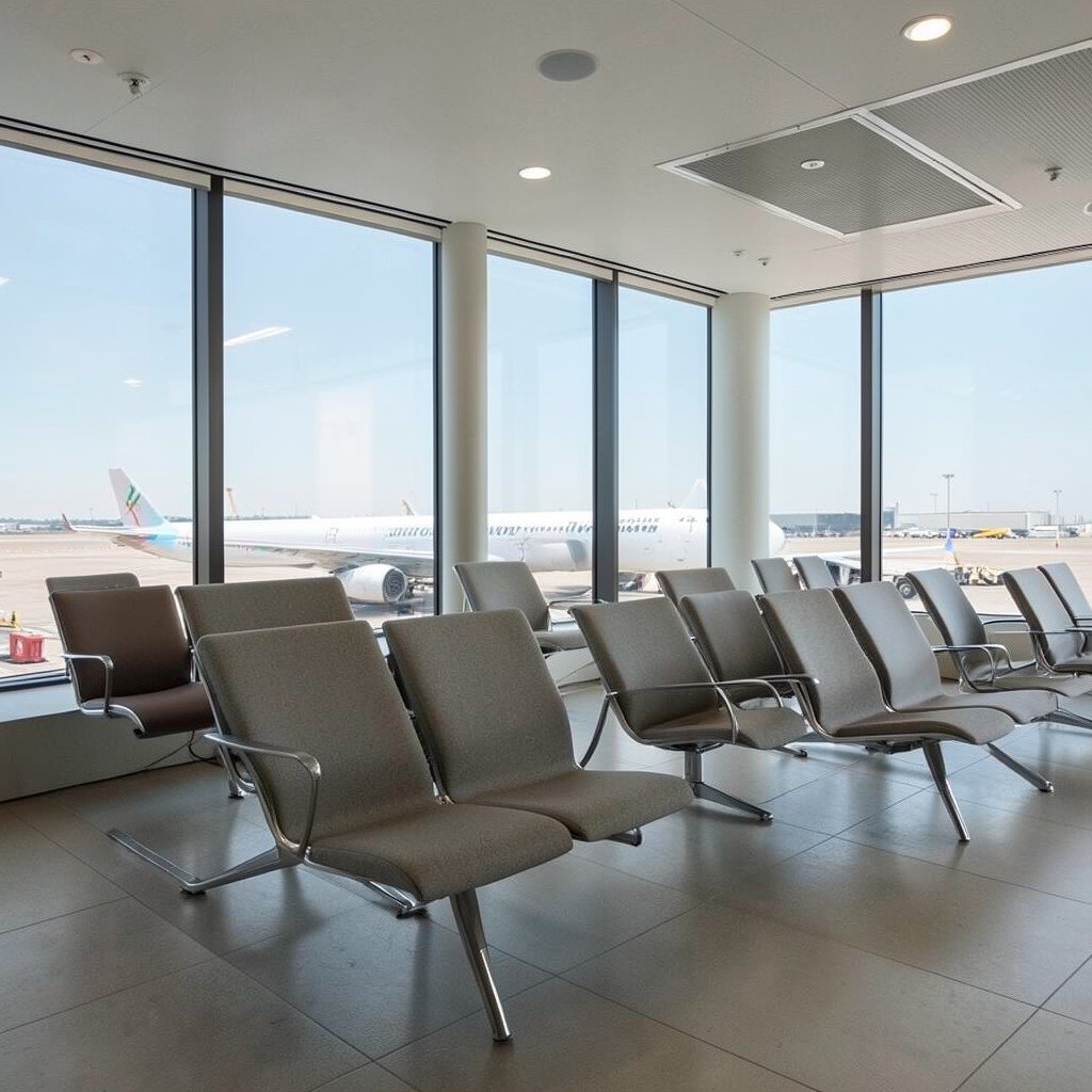 A modern airport lounge interior with empty seats and large windows overlooking a commercial airplane, clean neutral design, no visible text, no logos, no watermark, aspect ratio 1:1