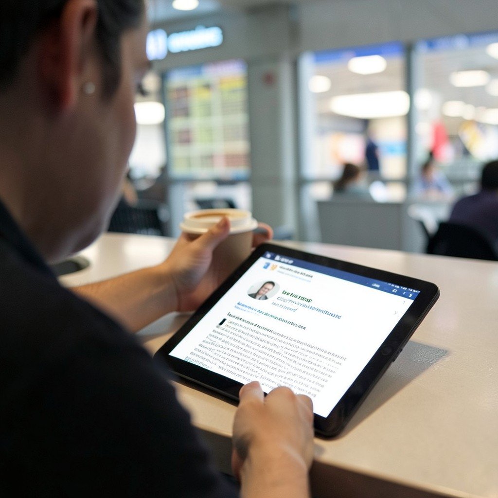 A person reading a business news article on a tablet at a desk with a coffee cup, airport schedule blurred in background, no visible text, no logos, no watermark, aspect ratio 1:1