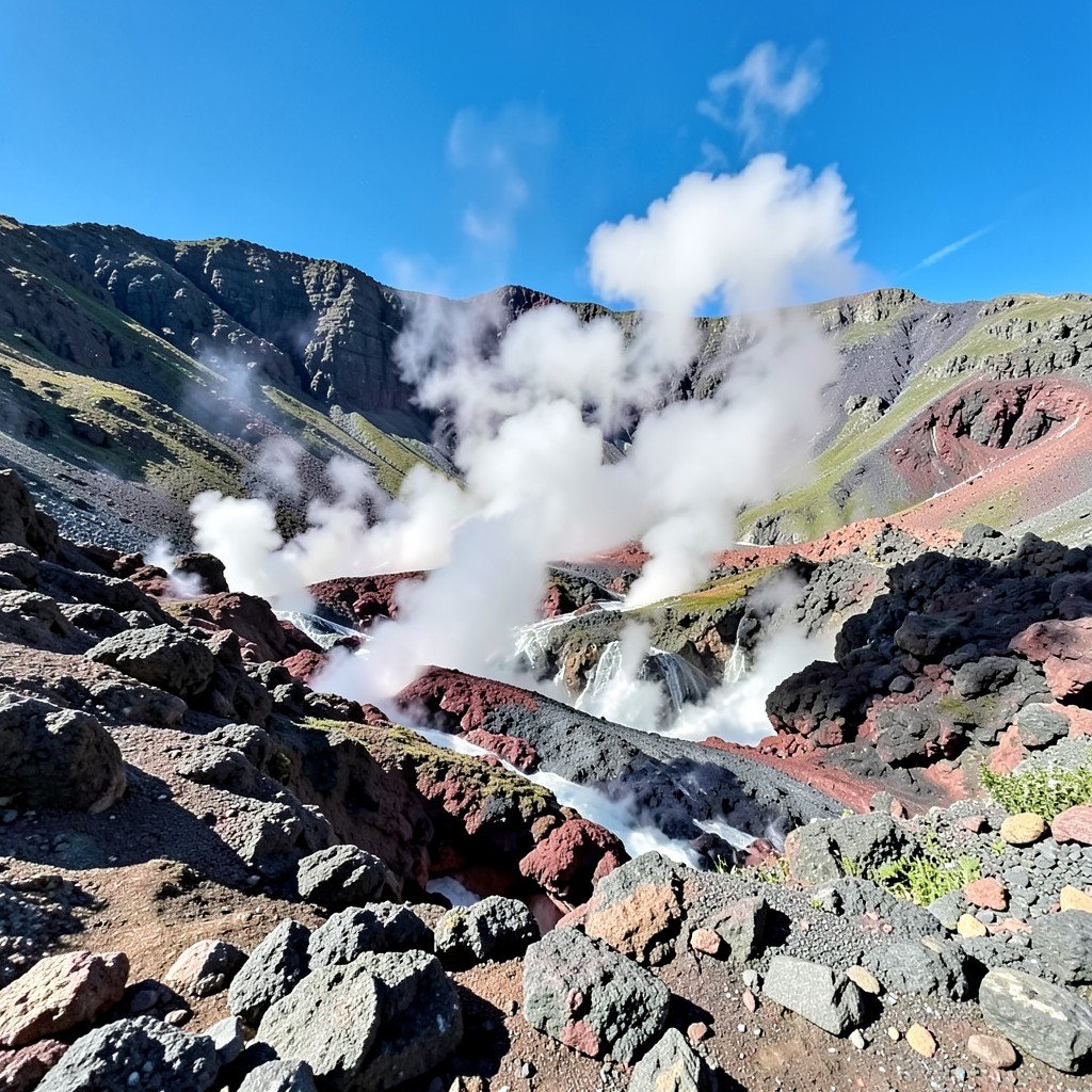 Volcanic terrain with steaming fumaroles, geysers, and rugged rocks in Kamchatka, natural daylight, no visible text, no logos, no watermark, aspect ratio 1:1