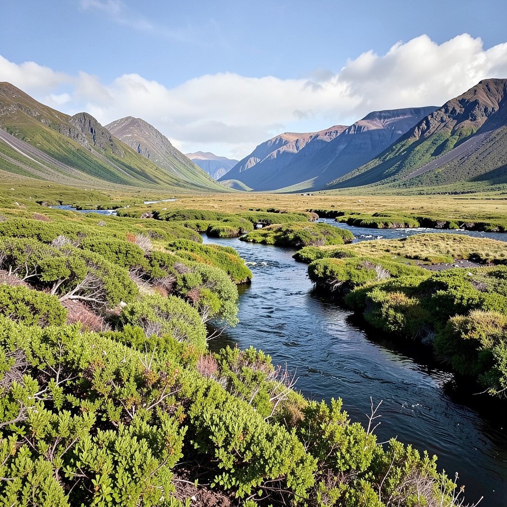 Wild river valley and tundra vegetation near volcanoes in Kamchatka, distant mountains, natural scenery, no visible text, no logos, no watermark, aspect ratio 1:1