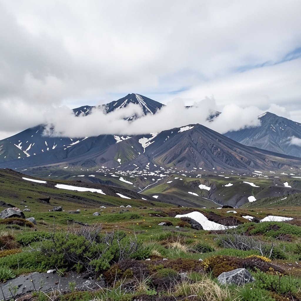 Wide view of protected volcanic landscape in Kamchatka with clouds and snow patches, calm and natural atmosphere, no visible text, no logos, no watermark, aspect ratio 1:1