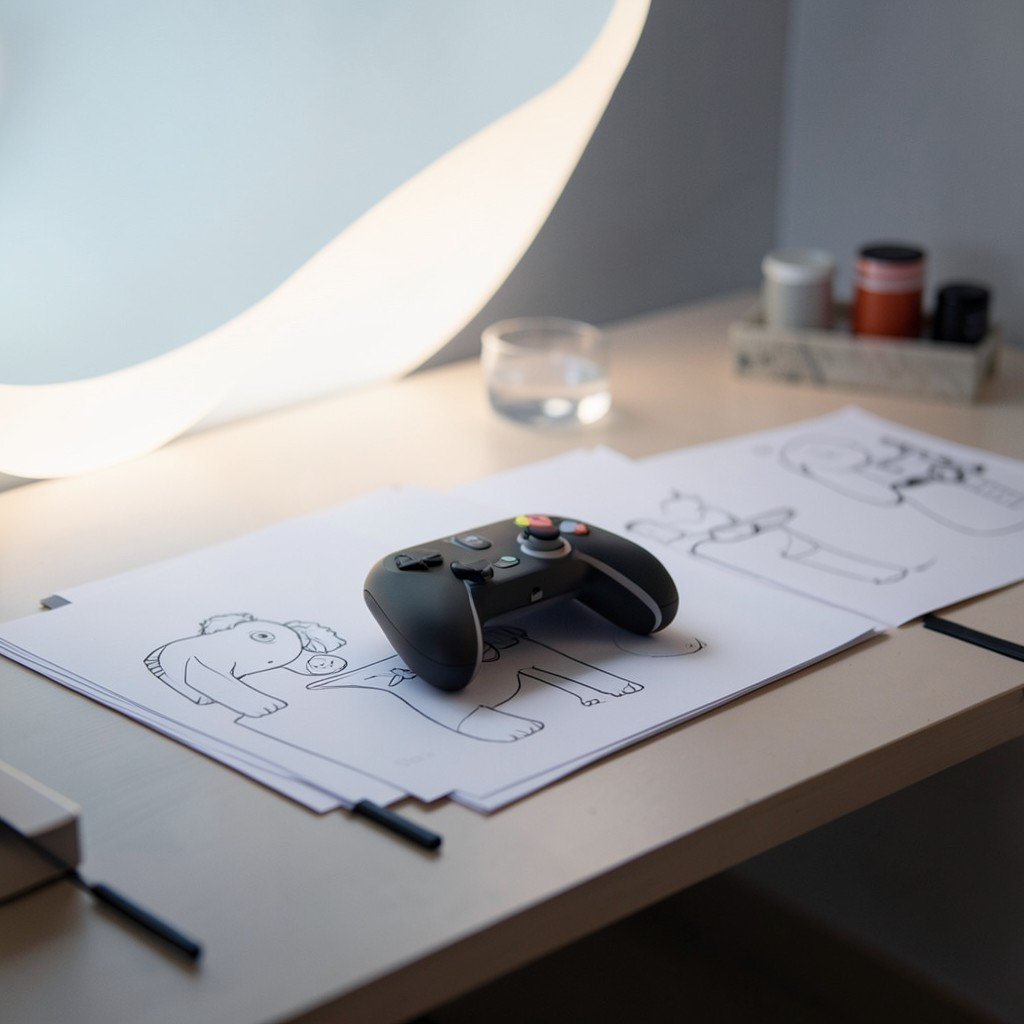 A modern game design workspace with a controller, sketches, and soft abstract light, no visible text, no logos, no watermark, aspect ratio 1:1
