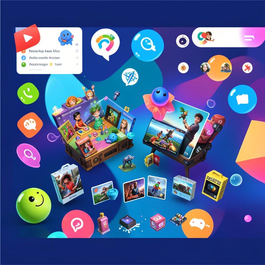 A creative digital platform scene with game assets and abstract advertising symbols, no visible text, no logos, no watermark, aspect ratio 1:1