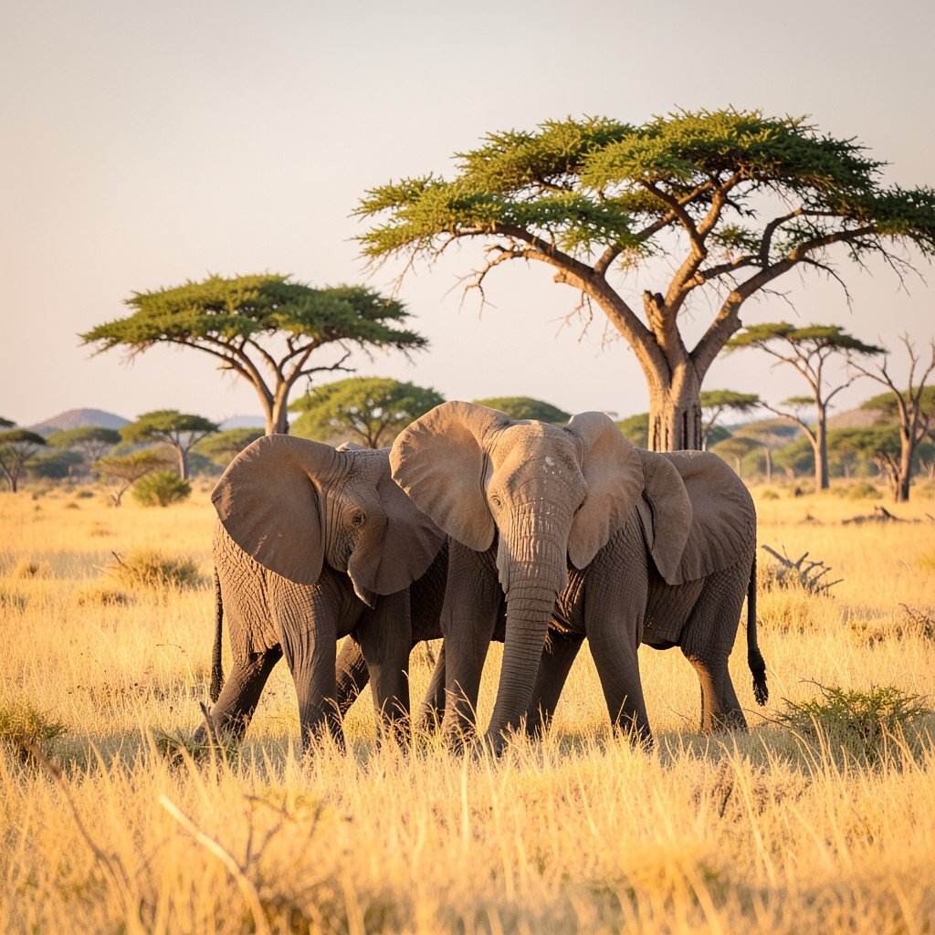 African elephants walking across golden savanna in Pendjari National Park, baobab and acacia trees, soft afternoon light, no visible text, no logos, no watermark, aspect ratio 4:3